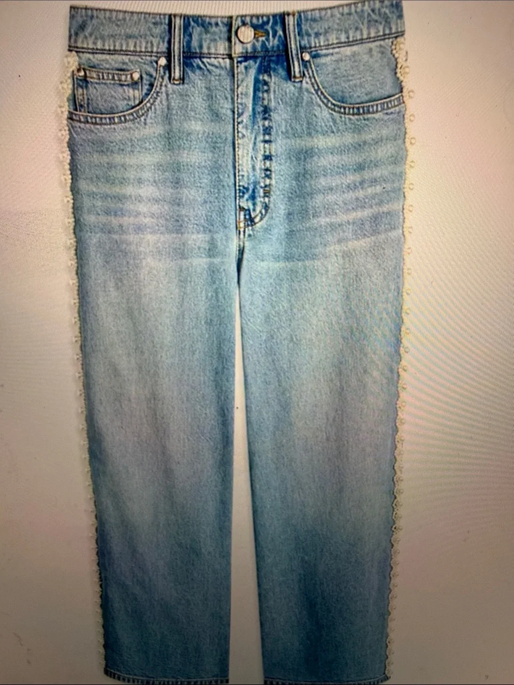 Light Blue Women's Cropped Jeans with Side Faux-Pearl-Trim